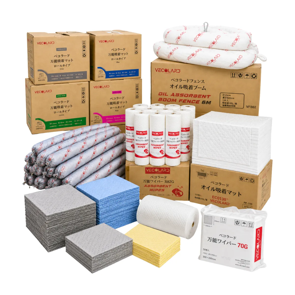VECOLARDの製品ラインナップ（吸着マット、ロール、ブーム、ワイプ）